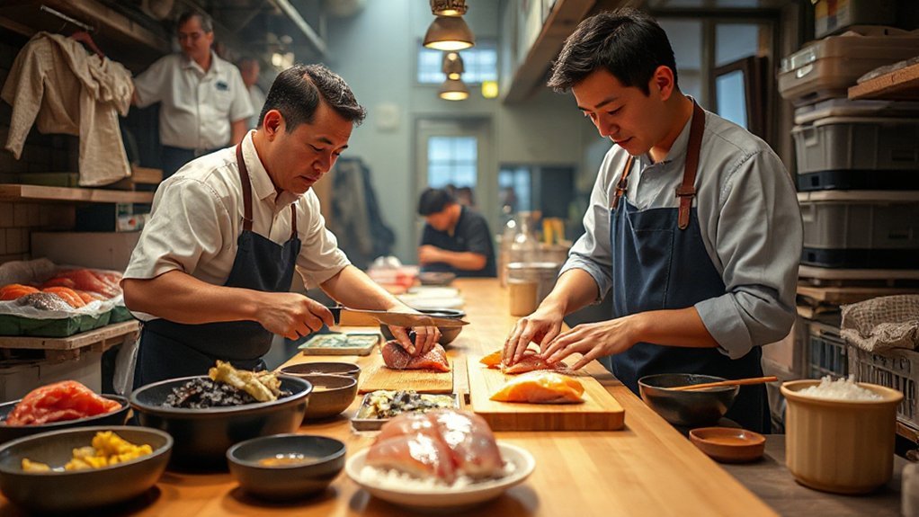 market tasting hands on sushi