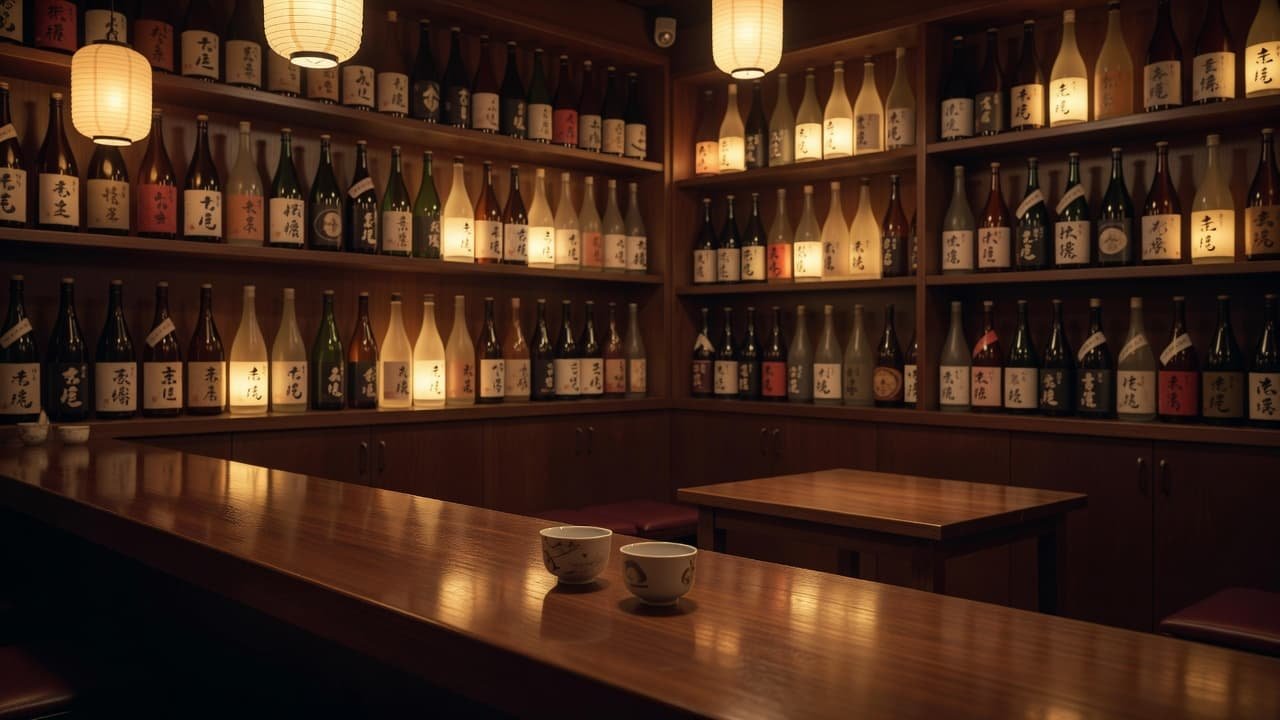 Tokyo Sake Tasting Tours: Bars, Breweries, and Etiquette A warm wooden sake bar counter featuring two small cups and backlit bottle displays.