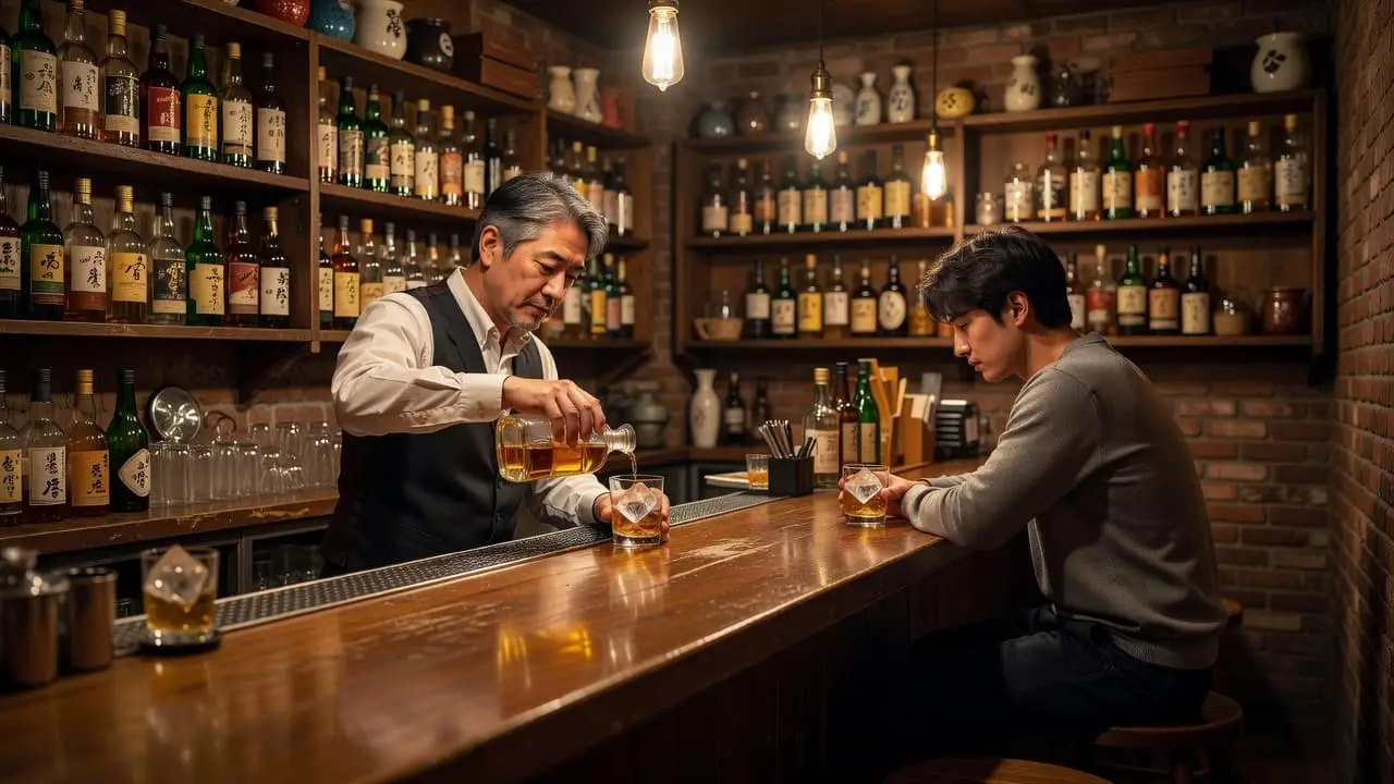 Tokyo Night Tours for First-Time Visitors A wooden counter stretches across the dimly lit room while warm amber lights glow softly. A bartender prepares a cocktail for a lone patron seated on a dark leather stool nearby.