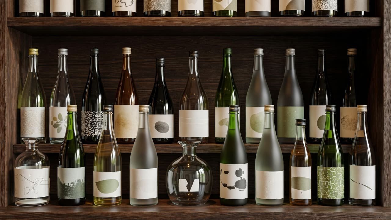 Tokyo Sake Tasting Tours: Bars, Breweries, and Etiquette A collection of glass sake bottles arranged on a dark wooden shelf.
