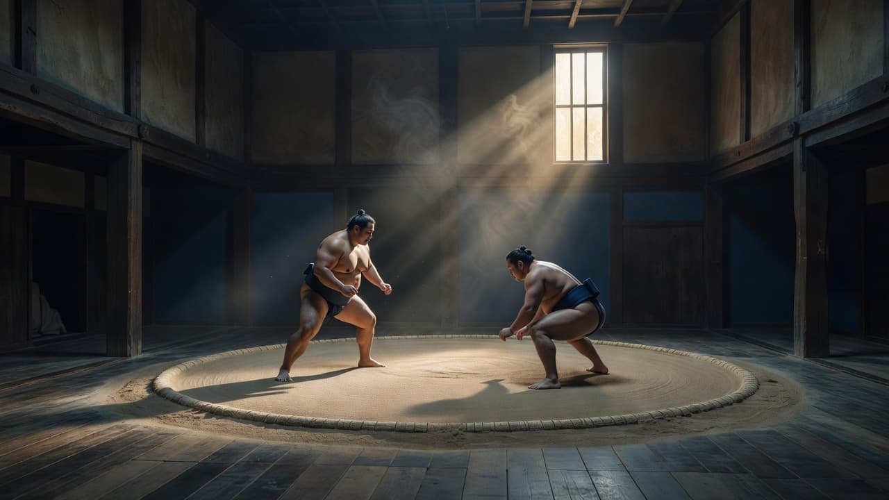 Tokyo Sumo Tours 2026: Stables or Stadium Seats? Two sumo wrestlers train inside a traditional stable with a sandy ring and sunlit air.