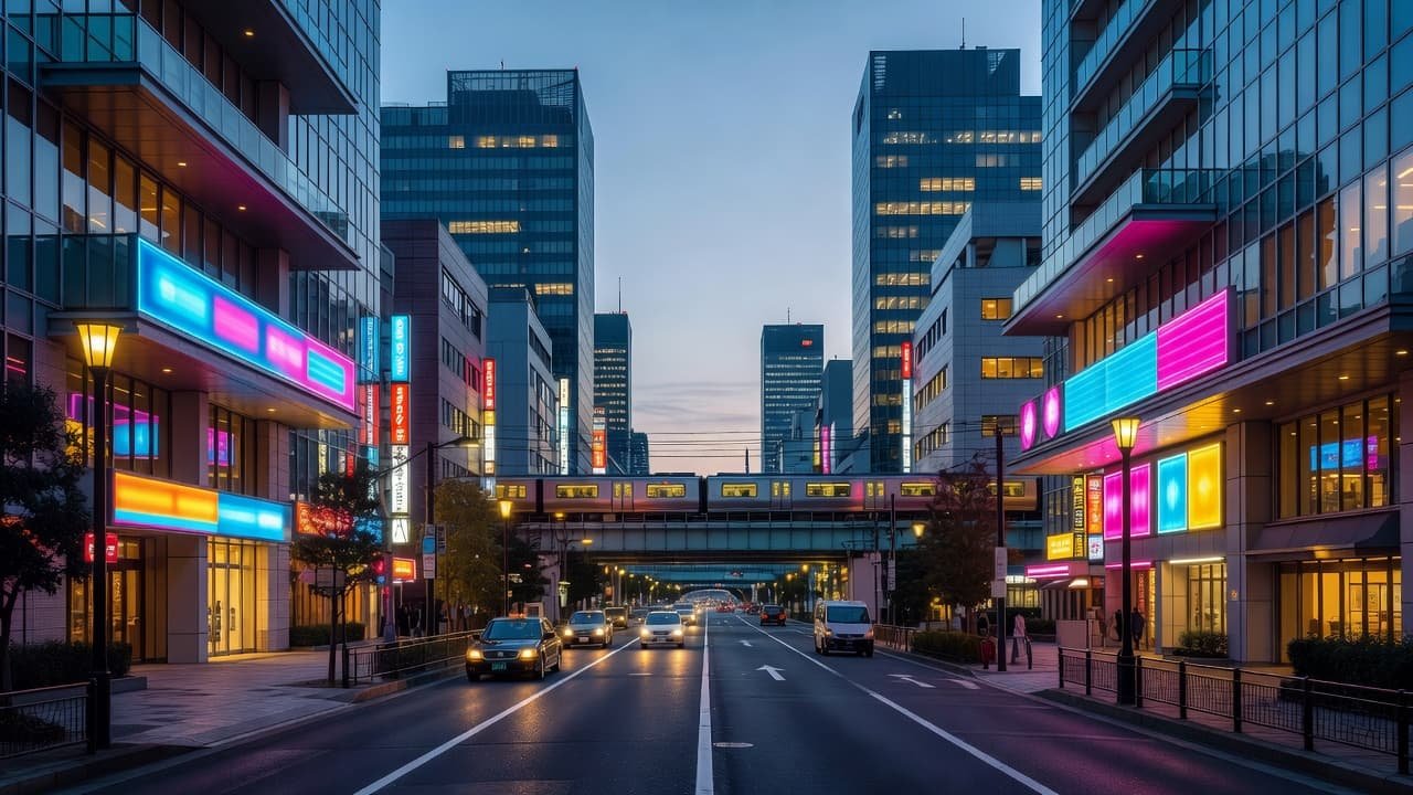 A quiet Tokyo street lined with modern buildings and glowing neon signs at dusk.