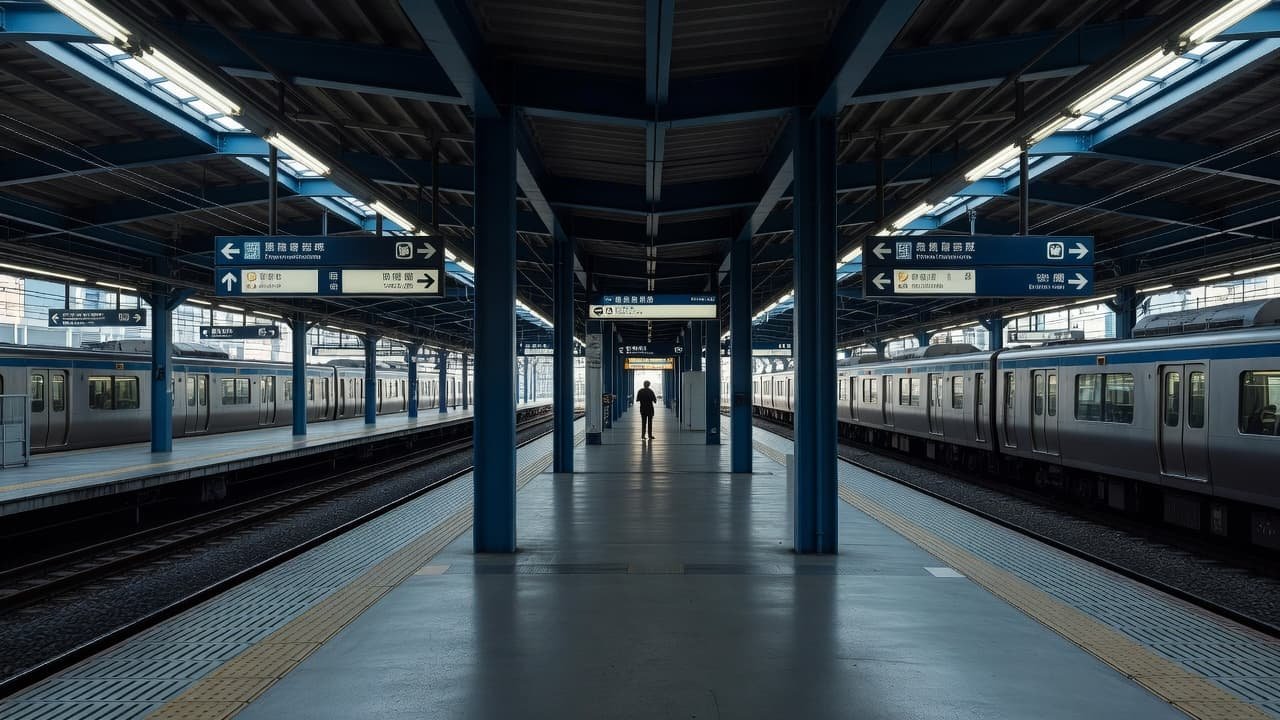 A lone commuter waits on a clean Tokyo train platform bathed in daylight.