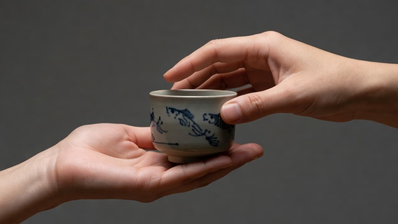 Tokyo Sake Tasting Tours: Bars, Breweries, and Etiquette Close up of hands carefully holding a small sake cup in a traditional manner.